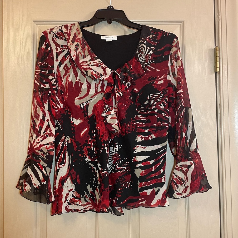 Dressbarn V-Neck Black and Red Ruffled Tie Front Blouse, Size XL‎
